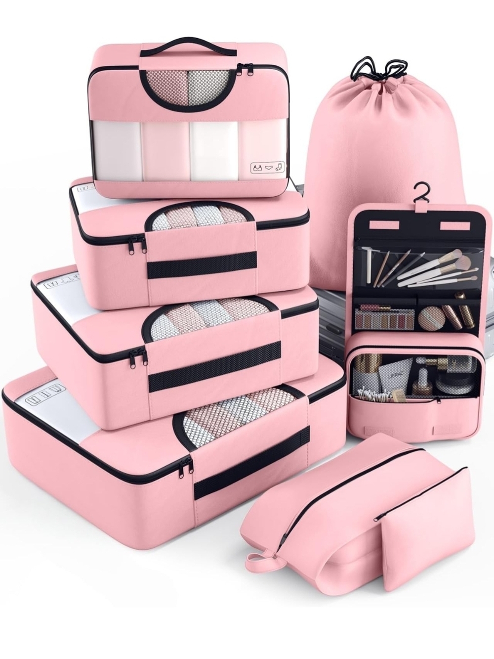 Travel Packing Cube Set with Laundry Bag & Cosmetic Case - Pink